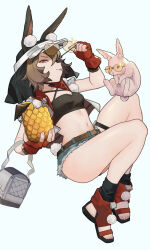 Rule 34 | 02 (0203rei ni), 1girl, :p, animal, animal ears, arknights, belt, blue background, breasts, brown belt, brown hair, caper (arknights), caper (summer flowers) (arknights), commentary, crop top, drink, drinking straw, feet, fingerless gloves, fingernails, full body, glasses, glint, gloves, highres, holding, holding drink, looking at viewer, midriff, navel, official alternate costume, orange eyes, orange gloves, profile, rabbit, removing eyewear, short hair, simple background, small breasts, solo, tinted eyewear, toenails, toes, tongue, tongue out, visor cap, yellow-tinted eyewear