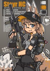 1girl animal_ears assault_rifle baseball_cap black_gloves blue_eyes brown_hair bullpup earrings ears_through_headwear elbow_pads english_text fingerless_gloves fox_ears fox_girl fox_tail gloves goggles gun hat highres holding holding_gun holding_weapon jewelry medium_hair nancou_(nankou) original rifle solo steyr_aug suppressor tail trigger_discipline weapon