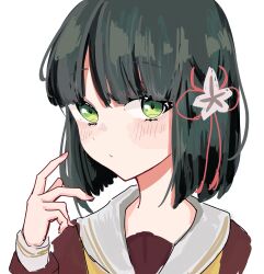 Rule 34 | 1girl, black hair, blunt bangs, blush, bob cut, brown dress, closed mouth, commentary, dress, flower, flower knot, green eyes, hair flower, hair ornament, hand up, hashtag-only commentary, hasu no sora school uniform, highres, link! like! love live!, long sleeves, looking at viewer, love live!, momose ginko, neckerchief, pink flower, rere 88rere, sailor collar, sailor dress, school uniform, simple background, solo, virtual youtuber, white background, white sailor collar, winter uniform, yellow neckerchief