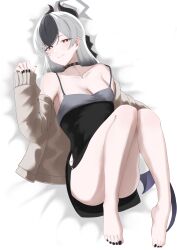 1girl absurdres bare_shoulders barefoot black_choker black_dress black_hair blue_archive breasts brown_cardigan cardigan choker cleavage closed_mouth commentary_request demon_girl demon_horns dress feet grey_halo halo highres horns kayoko_(blue_archive) kayoko_(dress)_(blue_archive) knees_together_feet_apart knees_up long_hair looking_at_viewer lying medium_breasts multicolored_hair off_shoulder official_alternate_costume official_alternate_hairstyle on_back open_cardigan open_clothes red_eyes revision sleeves_past_wrists smile solo streaked_hair studded_choker thighs toenails toes white_hair yomyon4634