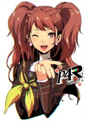 1girl black_shirt brown_eyes brown_hair commentary_request copyright_name cropped_torso fingernails heart highres ito_(daisukidanchi) kujikawa_rise lips long_sleeves looking_at_viewer neckerchief one_eye_closed open_mouth persona persona_4 persona_4_revival pink_lips pink_nails school_uniform shirt simple_background smile solo twintails white_background yasogami_school_uniform yellow_neckerchief