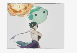 Rule 34 | 1boy, ahoge, aji 11300913, arm tattoo, belt, bird, black gloves, border, closed mouth, cowboy shot, crossed arms, from side, genshin impact, gloves, green hair, grey background, highres, looking to the side, male focus, purple belt, shirt, short hair, simple background, sleeveless, sleeveless shirt, solo, sparkle, tattoo, white border, white shirt, xiao (genshin impact)
