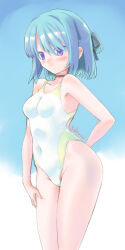 1girl blue_background blue_eyes blue_hair commentary_request competition_swimsuit cowboy_shot gradient_background hair_ribbon hand_on_own_hip highleg highleg_one-piece_swimsuit one-piece_swimsuit original ribbon short_hair sidorov solo standing swimsuit white_one-piece_swimsuit