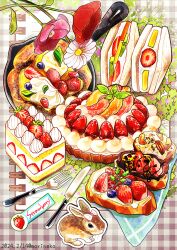 Rule 34 | animal focus, artist name, berry, blueberry, bow, bread, bread slice, cake, cake slice, flower, food, food focus, fork, fruit, knife, leaf, no humans, original, pink flower, rabbit, shunkashuntou, strawberry, strawberry shortcake, tulip, white flower