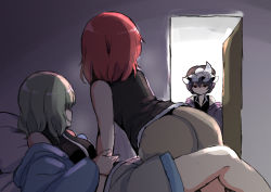 3girls ass black_hair blue_coat breasts coat door genderswap genderswap_(otf) green_hair highres implied_incest incest len&#039;en meme multiple_girls on_bed open_door ougi_hina pillow purple_coat red_hair shitodo_aoji shitodo_hooaka shitodo_kuroji siblings small_breasts walk-in