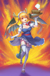 10s 1girl 2017 :d arm_at_side artist_name ascot bandages blonde_hair blue_dress blue_ribbon breasts brown_thighhighs dated dragon_girl dragon_horns dragon_tail dragon_wings dress elbow_gloves fangs female_focus food frilled_skirt frilled_sleeves frilled_thighhighs frills full_body gloves gluteal_fold green_wings hair_between_eyes hand_up highres horns kobayashi-san_chi_no_maidragon leg_ribbon leg_up long_hair looking_at_viewer maid maid_headdress mary_janes meat medium_breasts necktie open_mouth orange_eyes panties pantyshot plate puffy_short_sleeves puffy_sleeves red_ascot red_hair red_necktie ribbon sash scales shoes short_dress short_sleeves sidelocks skeletoner_blackshining skirt sliced_meat smile solo spread_wings standing standing_on_one_leg steam tail thigh_gap thighhighs tohru_(maidragon) tongue twintails underwear upskirt walking white_gloves white_panties white_thighhighs wind wind_lift wings