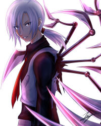 Rule 34 | 1boy, aliot (ragnarok online), black shirt, claws, commentary request, looking at viewer, looking to the side, low ponytail, male focus, medium hair, necktie, ponytail, ragnarok online, red eyes, red necktie, shirt, simple background, solo, tenyo0819, torn clothes, torn shirt, torn vest, upper body, vest, white background, white hair, white vest