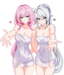 2girls absurdres blue_eyes breasts closed_mouth collarbone commentary covered_navel cowboy_shot elysia_(honkai_impact) hair_between_eyes heart highres honkai_(series) honkai_impact_3rd kiana_kaslana large_breasts long_hair looking_at_viewer maxwelzy multiple_girls naked_towel pink_hair pink_pupils reaching reaching_towards_viewer shadow sidelocks simple_background smile towel white_background white_hair