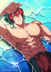 Rule 34 | 1boy, abs, absurdres, animal ears, artist name, bara, bulge, closed mouth, commentary request, erection, erection under clothes, from above, highres, komano manato, looking at viewer, lying, male focus, multicolored hair, muscular, muscular male, nipples, on back, pectorals, scar, scar across eye, scar on arm, scar on chest, scar on face, shiitake (tamoti0205), shorts, topless male, water, watermark, wet, wet shorts, wolf boy, wolf ears, zenless zone zero