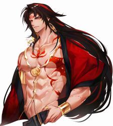 1boy abs absurdres arm_tattoo asura_(onmyoji) black_hair bracelet chest_tattoo closed_mouth eyeliner facial_mark highres jewelry konsai_2 long_hair makeup male_focus multicolored_hair muscular muscular_male navel onmyoji pectorals red_eyeliner red_hair simple_background solo streaked_hair tattoo two-tone_hair upper_body white_background