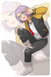 :o adjusting_eyewear androgynous black_pants full_body gender_request glasses hand_up highres jacket kanata_no_astra knee_up komiya_harumoto long_sleeves luca_esposito male_focus pants purple_hair shirt short_hair sitting solo torn_clothes torn_pants white_footwear white_shirt zoom_layer