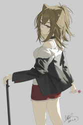 1girl absurdres animal_ear_fluff animal_ears arknights black_choker black_jacket blonde_hair candy choker food from_behind hair_between_eyes highres holding holding_candy holding_food holding_lollipop holding_stick jacket lion_ears lion_girl lollipop long_hair looking_at_viewer ponytail qtian red_shorts shirt shorts sidelocks siege_(arknights) solo stick white_shirt yellow_eyes