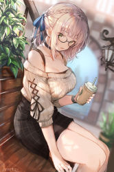 1girl arch arm_up artist_name bench black-framed_eyewear black_choker black_skirt blunt_bangs blurry blurry_background bra bra_strap braid breasts brown_bra choker cleavage commentary_request contemporary cup disposable_coffee_cup disposable_cup dutch_angle feet_out_of_frame glasses green_eyes hair_ribbon half_up_braid highres holding holding_cup hololive jewelry lamppost large_breasts looking_at_viewer off-shoulder_sweater off_shoulder open_mouth pencil_skirt pendant plant potted_plant ribbon semi-rimless_eyewear shirogane_noel shirogane_noel_(casual) short_hair sideways_glance silver_hair sitting skirt solo sorotu stone_wall sweater three-quarter_sleeves under-rim_eyewear underwear virtual_youtuber wall white_sweater wristband