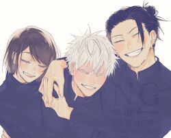 Rule 34 | 1girl, 2boys, black hair, black shirt, brown hair, closed eyes, colored eyelashes, ear piercing, eyelashes, getou suguru, gojou satoru, group hug, hair bun, hair pulled back, happy, high collar, highres, hug, ieiri shoko, jujutsu kaisen, jujutsu tech uniform, long sleeves, mole, mole under eye, multiple boys, n3dayo, no eyewear, piercing, plug (piercing), shirt, short hair, simple background, smile, twitter username, upper body, white background, white eyelashes, white hair