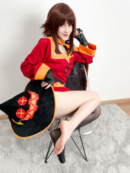 Rule 34 | 1girl, absurdres, asymmetrical legwear, barefoot, belt, black cape, black gloves, black hat, black socks, brown hair, cape, carpet, chair, clothes lift, cosplay, cosplay photo, covering ass, covering privates, dress, dress lift, feet, fingerless gloves, gloves, hat, highres, indoors, kneehighs, kono subarashii sekai ni shukufuku wo!, lips, long hair, long sleeves, looking at viewer, megumin, megumin (cosplay), mismatched legwear, photo (medium), red dress, self exposure, sidelocks, single kneehigh, single sock, sitting, smile, socks, soles, solo, stelarhoshi, toes, transparent, unworn hat, unworn headwear, wall, witch hat, yellow trim, yokozuwari