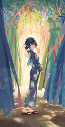 1girl absurdres back_bow blue_kimono bow da_tengzi floral_print floral_print_kimono flower full_body hair_flower hair_ornament hand_fan highres idolmaster idolmaster_shiny_colors japanese_clothes kimono light_smile looking_at_viewer morino_rinze obi paper_fan print_kimono red_eyes sash solo standing uchiwa