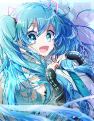 1girl :d absurdres anniversary aqua_hair aqua_necktie black_sleeves blue_eyes blurry commentary depth_of_field detached_sleeves hair_between_eyes hatsune_miku hatsune_miku_(vocaloid4) highres long_sleeves necktie open_mouth pina710 shirt sleeveless sleeveless_shirt smile solo tie_clip twintails v4x vocaloid white_shirt