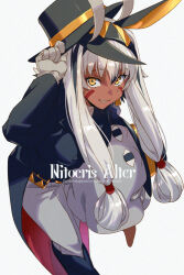 1girl animal_ears antenna_hair black_boots black_coat black_hair black_hat black_shirt boots breasts character_name coat colored_inner_hair dark-skinned_female dark_skin echo_(circa) facepaint facial_mark fate/grand_order fate_(series) gloves grin hairband hat jackal_ears knee_boots long_hair long_sleeves looking_at_viewer medium_breasts medjed_(fate) multicolored_hair nitocris_(fate) nitocris_alter_(fate) pants shirt sidelocks smile streaked_hair top_hat very_long_hair white_gloves white_hair white_pants yellow_eyes
