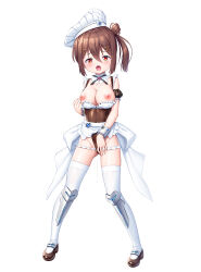breasts breasts_out brown_hair chef_hat hat kuuchuu_yousai lilith-soft medium_breasts mikuriya_minori official_art pussy_juice short_hair side_ponytail taimanin_(series) taimanin_rpgx