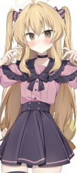 1girl absurdres ahoge alternate_costume black_bow black_choker black_skirt blonde_hair blue_archive blush bow brown_eyes choker commentary_request frilled_shirt frills hair_between_eyes hair_intakes halo hanasaki_rin highres jirai_kei looking_at_viewer pink_bow pink_shirt pleated_skirt shirt shirt_tucked_in simple_background skirt solo striped_bow sweatdrop white_background yellow_halo yoshimi_(blue_archive)