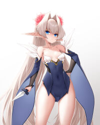 Rule 34 | 1girl, bare shoulders, blonde hair, blue dress, blue eyes, breasts, cleavage, covered navel, detached sleeves, dress, ehart, elf, hand on own hip, highres, holding, holding knife, knife, long hair, long sleeves, looking at viewer, original, pointy ears, short dress, simple background, small breasts, solo, very long hair, white background