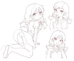Rule 34 | all fours, ass, bow, closed mouth, dress, freckles, from behind, hair bow, highres, licking finger, long sleeves, looking at viewer, monochrome, multiple views, portrait, qtkat, shoe soles, simple background, sketch, skirt, smile, striped sleeves, thighhighs, thighs, tongue, tongue out, twintails, wendy&#039;s, wendy (wendy&#039;s), white background