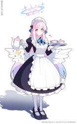 1girl absurdres alternate_costume apron black_dress black_shoes blue_archive blue_hair blush closed_mouth commentary_request dress enmaided feathered_wings frilled_apron frilled_hairband frills full_body gloves gradient_hair hairband halo hands_up highres holding holding_teapot holding_tray long_hair long_sleeves looking_at_viewer low_wings maid maid_headdress mika_(blue_archive) multicolored_hair murasame_(sword_of_nmkr) pantyhose partial_commentary pink_hair pink_halo puffy_long_sleeves puffy_sleeves shadow shoes simple_background smile solo standing teapot tray twitter_username very_long_hair white_apron white_background white_gloves white_hairband white_pantyhose white_wings wings yellow_eyes