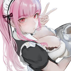 1girl alternate_costume apron breasts cleavage closed_mouth cup enmaided from_above holding holding_tray hololive hololive_english large_breasts looking_at_viewer maid maid_apron maid_headdress mori_calliope okoge_lab pink_eyes pink_hair ponytail simple_background solo tea teacup tray v virtual_youtuber white_apron white_background