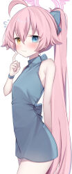 1girl absurdres ahoge alternate_costume alternate_hairstyle blue_archive blue_dress blue_eyes blush closed_mouth commentary_request dress hair_between_eyes halo hanasaki_rin heterochromia highres hoshino_(blue_archive) long_hair looking_at_viewer pink_hair pink_halo ponytail simple_background smile solo very_long_hair white_background yellow_eyes