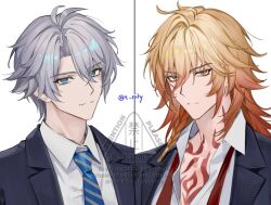 Rule 34 | 2boys, alternate costume, blonde hair, blue eyes, blue necktie, blue vest, bodypaint, closed mouth, commentary, english commentary, honkai: star rail, honkai (series), male focus, medium hair, multiple boys, mydei (honkai: star rail), necktie, phainon (honkai: star rail), rity, shirt, short hair, smile, twitter username, upper body, vest, white hair, white shirt, yellow eyes