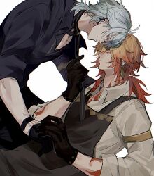 2boys antenna_hair apron arm_tattoo armlet black_apron black_choker black_gloves black_shirt blonde_hair blue_eyes braid chest_tattoo choker collared_shirt commentary_request earclip earrings facial_tattoo gloves gold_earrings gradient_hair hair_between_eyes half_gloves highres holding holding_leash honkai:_star_rail honkai_(series) jewelry k_7s leash looking_at_another male_focus medium_hair multicolored_hair multiple_boys mydei_(honkai:_star_rail) official_alternate_costume parted_bangs pectoral_cleavage pectorals phainon_(fashion)_(honkai:_star_rail) phainon_(honkai:_star_rail) ponytail red_hair red_tattoo shirt short_hair side_braid simple_background tattoo white_background white_hair yaoi yellow_eyes