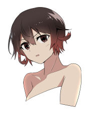 Rule 34 | 1girl, absurdres, bare shoulders, brown eyes, brown hair, cropped torso, gradient hair, haida katsuretsu, highres, kantai collection, looking at viewer, multicolored hair, mutsuki (kancolle), short hair, simple background, solo, upper body, v-shaped eyebrows, white background