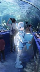 Rule 34 | 5boys, animal ears, aquarium, backpack, bag, bandaid, bandaid on knee, bandaid on leg, black hair, blue eyes, blue hair, blue jacket, blue shorts, cellphone, closed mouth, hair between eyes, hat, highres, holding, holding phone, holding stuffed toy, ishida (segu ishida), jacket, long sleeves, looking at viewer, maid headdress, male focus, mask, mouth mask, multiple boys, original, phone, red shirt, shirt, shoes, short shorts, shorts, smartphone, socks, solo focus, stuffed animal, stuffed toy, taking picture, water, white hat, white shoes, white socks