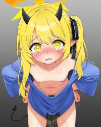 1girl aged_down armpits artist_request blonde_hair blue_archive blush blushing_female censored female_focus halo heart horns ibuki_(blue_archive) legs loli long_hair looking_at_viewer navel nipples nose open_mouth pee_stain peeing pussy shadow shirt small_penis solo stain standing t-shirt wet wet_clothes yellow_eyes