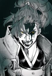 1boy absurdres black_background bleeding blood blood_from_forehead blood_on_face crest family_crest fate/grand_order fate_(series) greyscale hair_tie high_collar highres jinbaori knyhks_zms licking_blood looking_at_viewer male_focus medium_hair monochrome mori_nagayoshi_(second_ascension)_(fate) parted_hair ponytail sharp_teeth simple_background solo spiked_hair tassel teeth v-shaped_eyebrows yellow_eyes