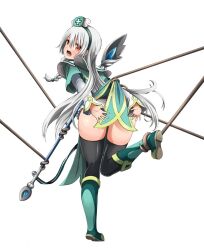 1girl aqua_boots arms_behind_back blush boots bound bound_ankles bound_legs braid dress embarrassed full_body futoku_no_guild grey_hair hair_between_eyes hat loli long_hair looking_at_viewer looking_back mage_staff magyo maidena_angers mini_hat open_mouth panties red_eyes restrained shibari shibari_over_clothes simple_background solo standing standing_on_one_leg surprised tentacles thighhighs thighs underwear very_long_hair white_background white_hair
