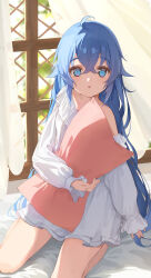 Rule 34 | 1girl, :o, absurdres, ahoge, bed sheet, blue eyes, blue hair, crossed bangs, curtains, dress, full body, hair between eyes, highres, hugging object, indoors, kneeling, long hair, long sleeves, looking at viewer, mushoku tensei, pillow, pillow hug, roxy migurdia, single off shoulder, solo, tenkiraku, white dress, window