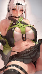 1girl :/ absurdres anby_demara anby_demara_(cosplay) bare_shoulders belt black_belt black_panties black_skirt blush breasts cameltoe closed_mouth commentary cosplay green_sleeves headphones highleg highres hyuk_(yeayeo) large_breasts long_hair navel orange_eyes paid_reward_available panties panty_straps pleated_skirt pubic_hair skirt solo steaming_body stomach strapless sweat thick_thighs thigh_strap thighs tube_top underwear white_hair white_tube_top yi_xuan_(zenless_zone_zero) zenless_zone_zero