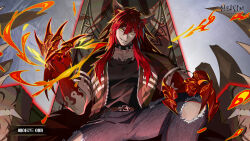 1boy animal_ears baylord_yama black_shirt choker claws collarbone colored_extremities denim dog_ears eye_print game_cg gradient_skin hand_on_own_knee hand_up highres jacket jeans long_hair looking_at_viewer official_art pants red_hair red_hands shaded_crotch shadow sharp_teeth shinsoo_(tower_of_god) shirt sidelocks simple_background sitting sitting_on_throne smile solo spiked_choker spikes sunsumizu teeth throne torn_clothes torn_jacket torn_jeans torn_pants torn_shirt tower_of_god tower_of_god:_great_journey yellow_eyes zipper