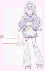 1girl :/ alternate_costume ame_(ametya0_0) apron bandaid bandaid_on_knee bandaid_on_leg blush border bow cat_hair_ornament character_name closed_eyes closed_mouth commentary crescent_print curly_sidelocks facing_viewer frilled_apron frills frown full_body grey_hair grid_background hair_bow hair_down hair_ornament hairpin hands_up heart heart_hair_ornament heart_tattoo high_collar highres hololive jacket jersey_maid leg_tattoo leg_warmers long_hair long_sleeves maid maid_apron maid_headdress marshmallow_(site) murasaki_shion notice_lines official_alternate_hairstyle pink_border popped_collar purple_bow purple_jacket purple_track_suit request_inset shoes sidelocks sketch sleeves_past_fingers sleeves_past_wrists solo standing straight-on swept_bangs tattoo track_jacket translated unconventional_maid virtual_youtuber white_apron white_bow white_leg_warmers white_shoes yellow_bow zipper zipper_pull_tab