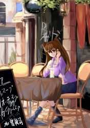 10s 1girl 463_jun absurdres bow brown_eyes brown_hair cafe casual chair female_focus hair_bow highres jacket long_hair menu_board ogiso_setsuna open_clothes open_jacket original outdoors shirt sign sitting skirt solo table twintails two_side_up white_album_(series) white_album_2