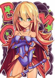 1girl bare_shoulders blonde_hair blush blush_stickers breasts cape choker cleavage dark_magician_girl duel_monster female_focus green_eyes leotard long_hair no_headwear pentacle saltydanshark skirt smile solo staff wand yu-gi-oh! yu-gi-oh!_duel_monsters
