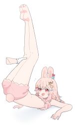 1girl 1other absurdres ahoge animal_ears bare_arms bare_legs barefoot blue_bow blush bow braid commentary crossed_bangs disembodied_hand ear_bow flying_sweatdrops full_body gloves hair_between_eyes hair_bow hair_ornament hand_on_another&#039;s_leg heart heart_hair_ornament highres legs_up lifting_another&#039;s_clothes lyrinne midriff nervous_smile open_mouth phase_connect pink_hair pink_shorts pink_tube_top pipkin_pippa rabbit_ears rabbit_girl rabbit_hair_ornament rabbit_tail red_bow red_eyes shorts side_braid simple_background smile strapless tail tube_top virtual_youtuber white_background white_gloves