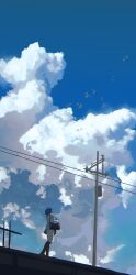 1girl absurdres bag bigchaping bird black_socks blue_hair blue_sky cable chromatic_aberration cloud commentary facing_away from_below highres looking_up make_heroine_ga_oo_sugiru! panties pantyshot scenery school_bag school_uniform skirt sky socks solo standing transformer underwear upskirt utility_pole wide_shot yanami_anna
