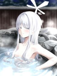 Rule 34 | 1girl, blue archive, blush, closed mouth, completely nude, convenient censoring, highres, kuinanoda, long hair, looking at viewer, nagusa (blue archive), nude, onsen, parted bangs, partially submerged, sidelocks, smile, solo, white eyes, white hair
