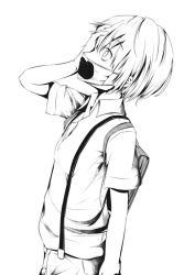 1girl arm_up bag bare_arms check_commentary commentary_request from_side greyscale hair_between_eyes hand_on_own_face hand_over_eye handprint highres iizumi_rita looking_up mask monochrome mouth_mask partial_commentary shin_(highest1192) short_hair short_sleeves shorts standing suspender_shorts suspenders toaru_kagaku_no_accelerator toaru_majutsu_no_index upper_body