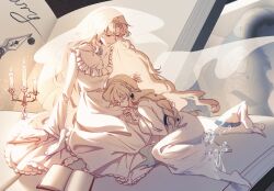 2girls absurdres aesc_(fate) aesc_(rain_witch)_(fate) artist_request blonde_hair braid candle closed_eyes commission dress fate/grand_order fate_(series) hair_between_eyes hat highres long_hair mother_and_daughter multiple_girls second-party_source sleeping very_long_hair white_dress witch_hat
