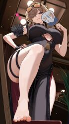 Rule 34 | :q, ahoge, bare legs, black dress, black gloves, blonde hair, breasts, china dress, chinese clothes, clothing cutout, commentary request, cutout above navel, dress, eyewear on head, feet, fingerless gloves, from below, gaitoou, gloves, hair over one eye, hand fan, hand on own hip, headgear, heart, highres, holding, holding fan, indoors, large breasts, legs, looking at viewer, pelvic curtain, purple eyes, short hair, single fingerless glove, smile, sunglasses, sweety (zenless zone zero), tinted eyewear, toes, tongue, tongue out, tuanshan, underboob cutout, yellow-tinted eyewear, zenless zone zero