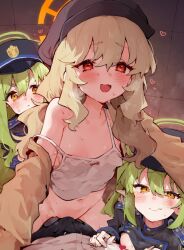 1boy 3girls aoba_(blue_archive) black_hat blue_archive blush breasts camisole closed_mouth commentary_request girl_on_top green_hair green_halo halo hat hikari_(blue_archive) loli long_hair multiple_girls navel nozomi_(blue_archive) open_mouth orange_halo red_eyes rimukoro small_breasts white_camisole yellow_eyes