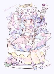 1girl artist_name blue_eyes blue_hair blue_shoes bonnet borrowed_character breasts cake cleavage commission detached_sleeves dress flipped_bangs flower food footwear_flower fork frilled_dress frills full_body gloves hair_flower hair_ornament halo hands_on_lap happy heterochromia highres holding holding_fork lolita_fashion looking_at_viewer medium_breasts mini_person minigirl mokarooru on_food open_mouth original oversized_fork own_hands_together pastel_colors pink_background pink_hair red_eyes second-party_source shoes simple_background sitting sitting_on_food smile solo strap sweet_lolita tareme teeth tray twintails two-handed upper_teeth_only wavy_hair white_dress white_gloves winged_halo winged_headwear